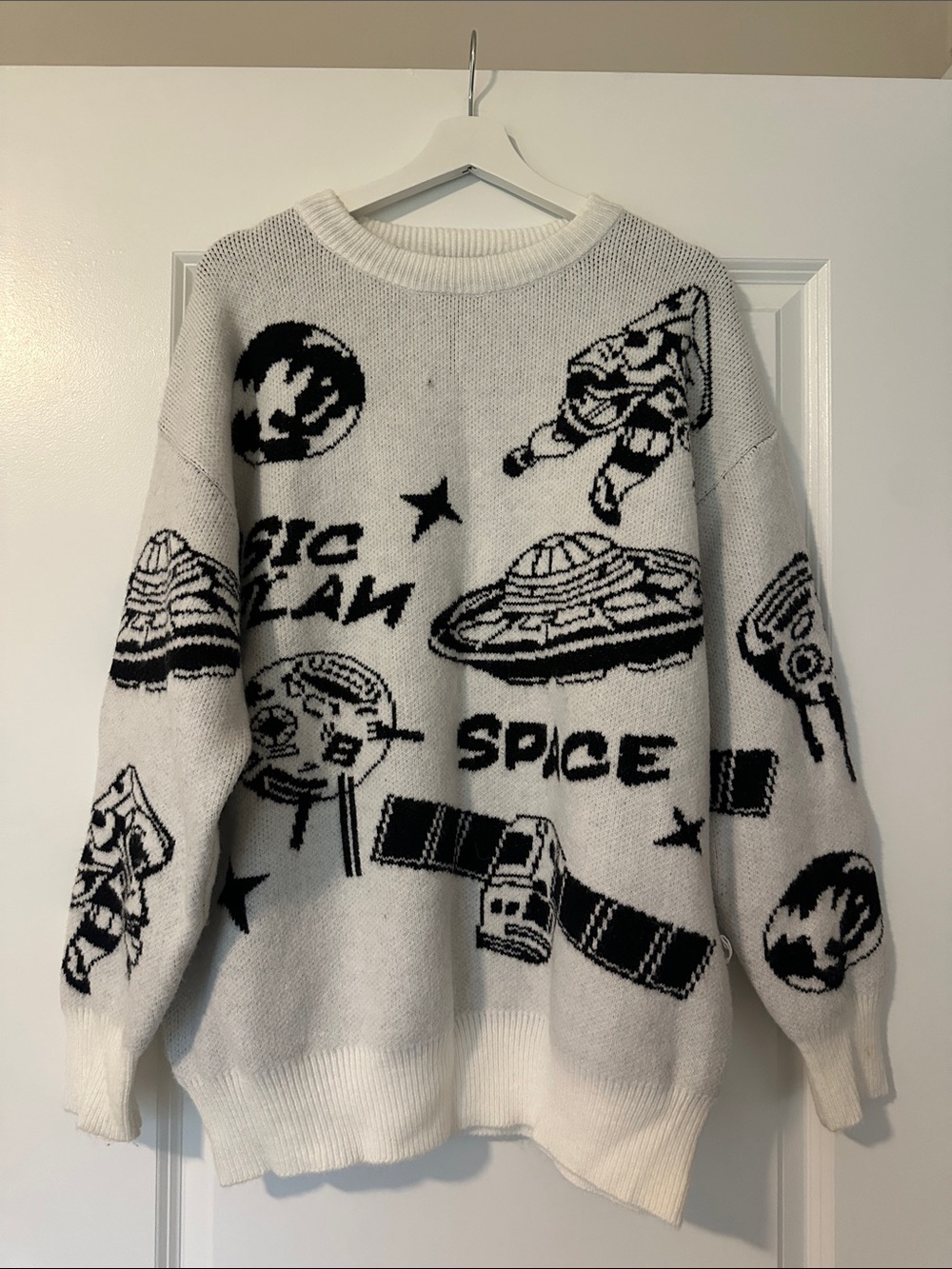 White Graphic Space Crewneck Sweater